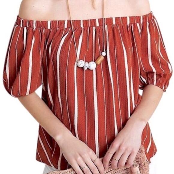 Anthropologie Terracotta striped Off-the-shoulder Top - Picture 4 of 8